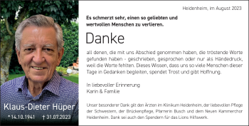 Traueranzeige von Klaus-Dieter Hüper von Heidenheimer Zeitung