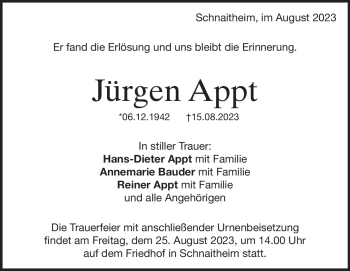 Traueranzeige von Jürgen Appt von Heidenheimer Zeitung