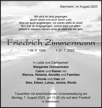 Traueranzeige von Friedrich Zimmermann von Heidenheimer Zeitung