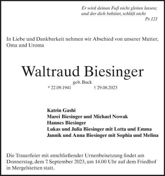 Traueranzeige von Waltraud Biesinger von Heidenheimer Zeitung
