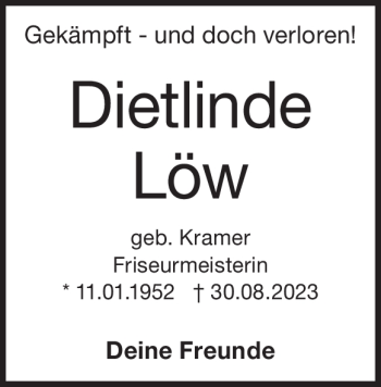 Traueranzeige von Dietlinde Löw von Heidenheimer Zeitung