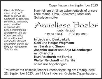 Traueranzeige von Anneliese Bozler von Heidenheimer Zeitung