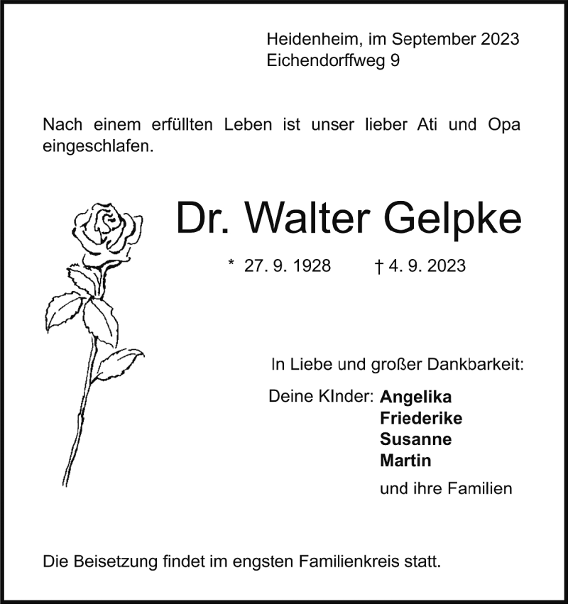  Traueranzeige für Walter Gelpke vom 16.09.2023 aus Heidenheimer Zeitung