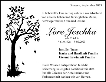 Traueranzeige von Lore Jeschka von Heidenheimer Zeitung