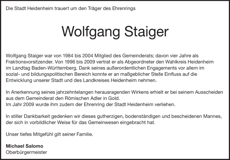  Traueranzeige für Wolfgang Staiger vom 02.09.2023 aus Heidenheimer Zeitung