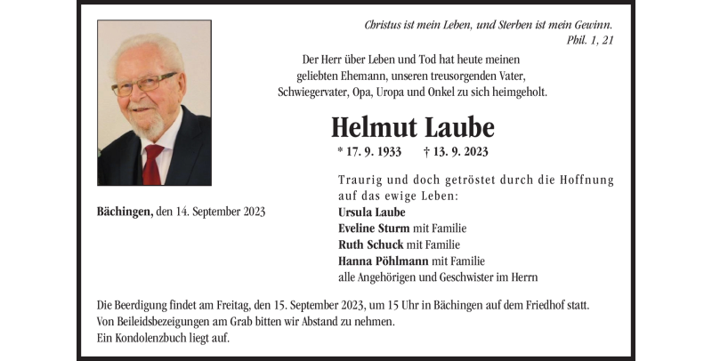  Traueranzeige für Helmut Laube vom 14.09.2023 aus Heidenheimer Zeitung