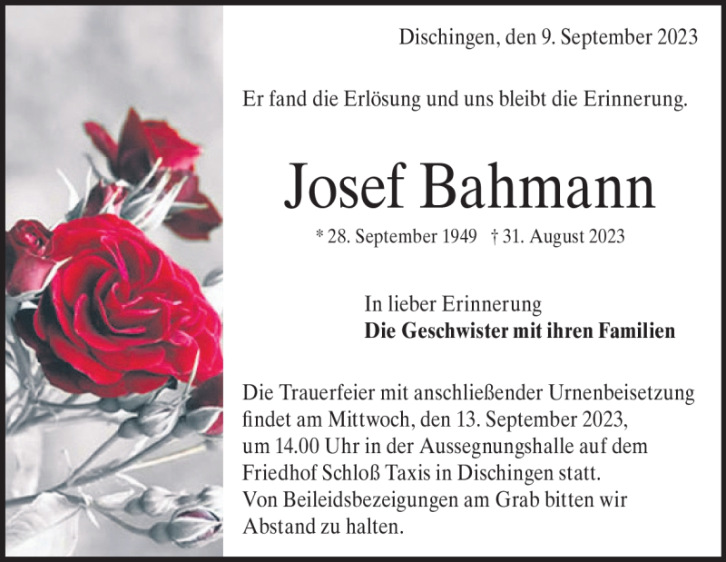  Traueranzeige für Josef Bahmann vom 09.09.2023 aus Heidenheimer Zeitung