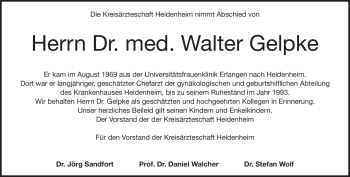 Traueranzeige von Dr. med. Walter Gelpke von Heidenheimer Zeitung