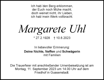Traueranzeige von Margarete Uhl von Heidenheimer Zeitung