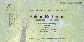 Traueranzeige von Roland Bartmann von Heidenheimer Zeitung