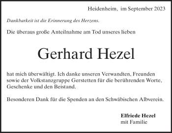 Traueranzeige von Gerhard Hezel von Heidenheimer Zeitung