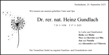 Traueranzeige von Heinz Gundlach von Heidenheimer Zeitung