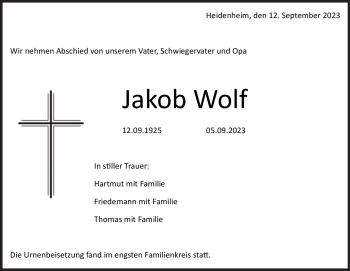 Traueranzeige von Jakob Wolf von Heidenheimer Zeitung