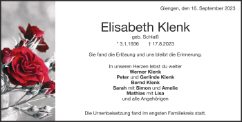 Traueranzeige von Elisabeth Klenk von Heidenheimer Zeitung