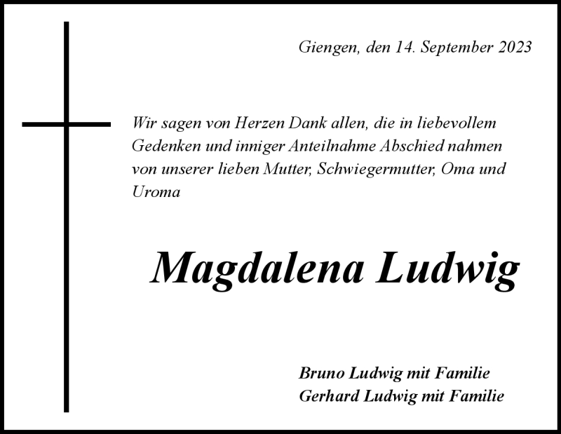  Traueranzeige für Magdalena Ludwig vom 26.09.2023 aus Heidenheimer Zeitung