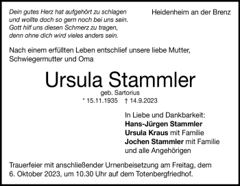 Traueranzeige von Ursula Stammler von Heidenheimer Zeitung