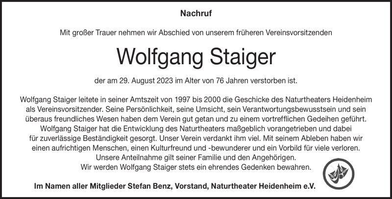  Traueranzeige für Wolfgang Staiger vom 02.09.2023 aus Heidenheimer Zeitung