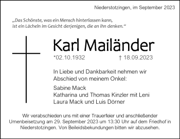 Traueranzeige von Karl Mailänder von Heidenheimer Zeitung