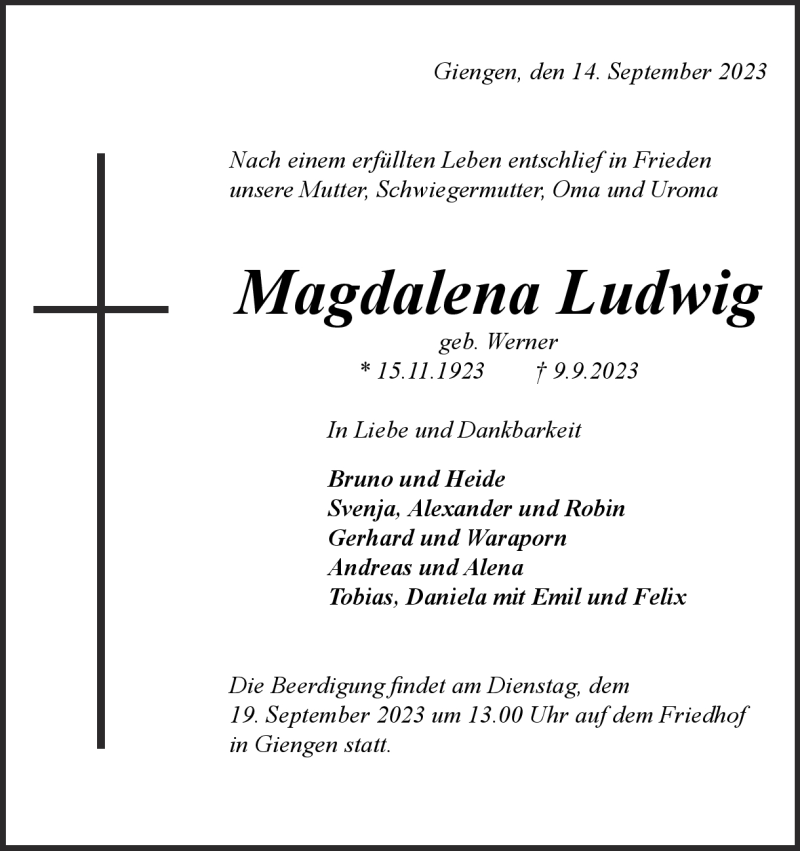  Traueranzeige für Magdalena Ludwig vom 14.09.2023 aus Heidenheimer Zeitung