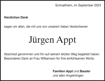 Traueranzeige von Jürgen Appt von Heidenheimer Zeitung