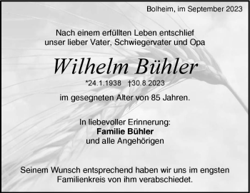 Traueranzeige von Wilhelm Bühler von Heidenheimer Zeitung