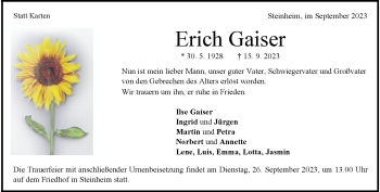 Traueranzeige von Erich Gaiser von Heidenheimer Zeitung
