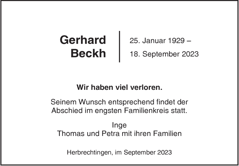  Traueranzeige für Gerhard Beckh vom 21.09.2023 aus Heidenheimer Zeitung