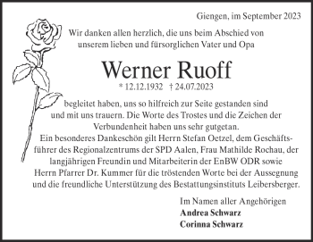 Traueranzeige von Werner Ruoff von Heidenheimer Zeitung