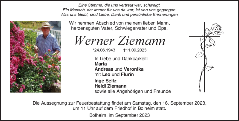  Traueranzeige für Werner Ziemann vom 14.09.2023 aus Heidenheimer Zeitung