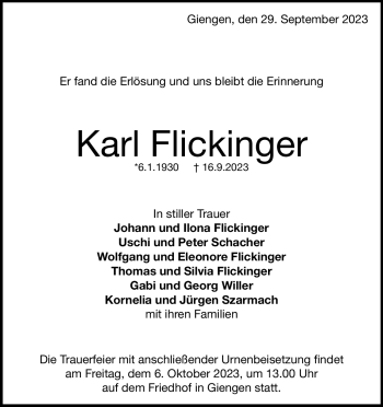 Traueranzeige von Karl Flickinger von Heidenheimer Zeitung