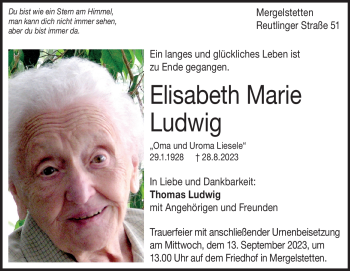 Traueranzeige von Elisabeth Marie Ludwig von Heidenheimer Zeitung