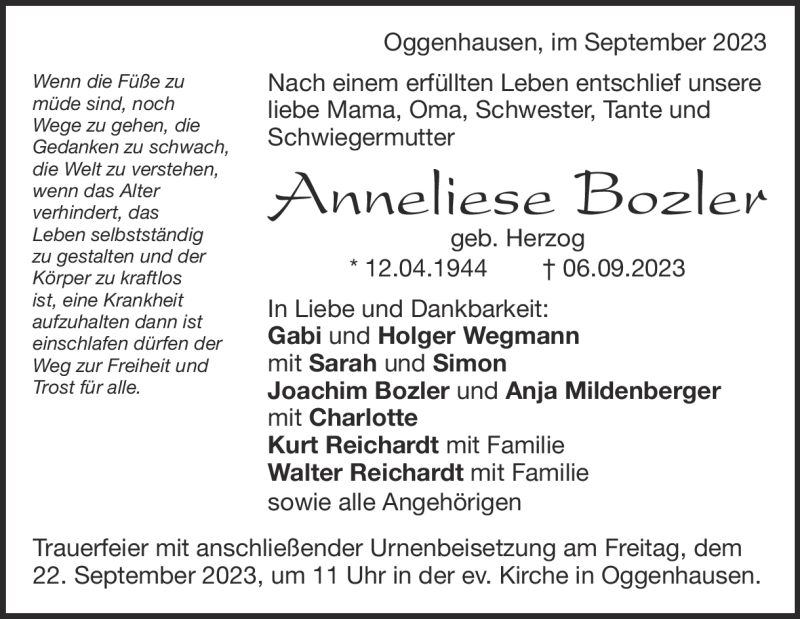 Traueranzeige für Anneliese Bozler vom 16.09.2023 aus Heidenheimer Zeitung