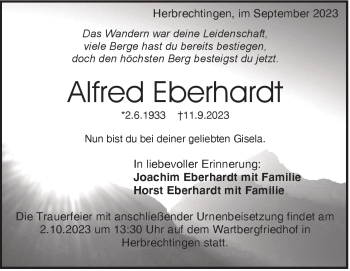 Traueranzeige von Alfred Eberhardt von Heidenheimer Zeitung