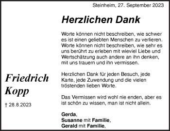 Traueranzeige von Friedrich Kopp von Heidenheimer Zeitung
