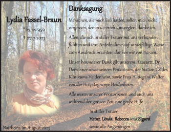 Traueranzeige von Lydia Fassel-Braun von Heidenheimer Zeitung