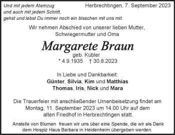 Traueranzeige von Margarete Braun von Heidenheimer Zeitung