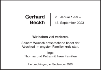 Traueranzeige von Gerhard Beckh von Heidenheimer Zeitung