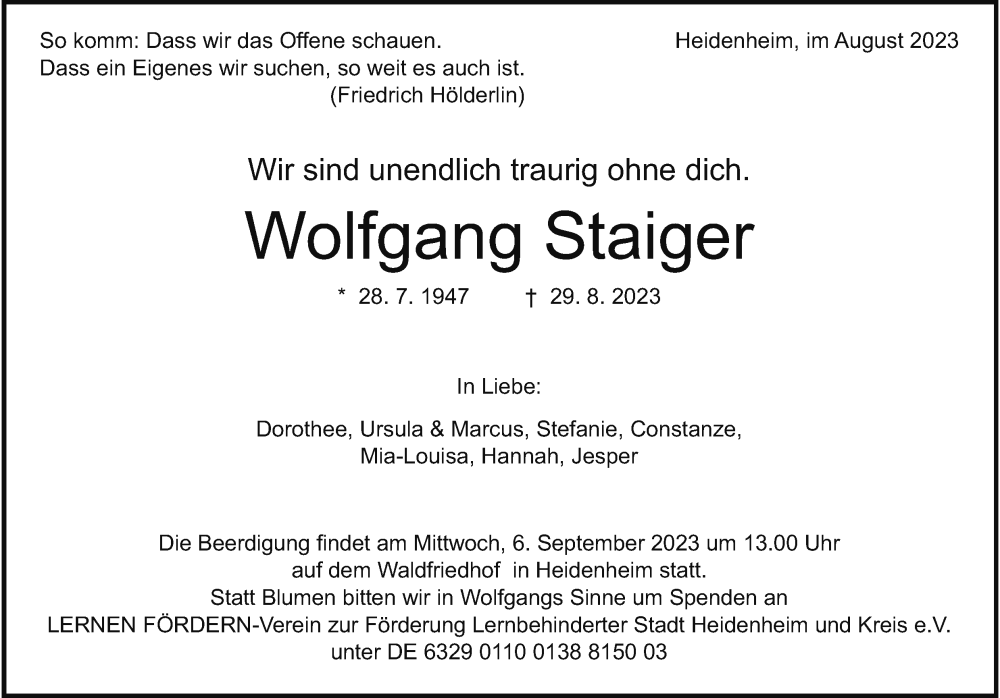  Traueranzeige für Wolfgang Staiger vom 01.09.2023 aus Heidenheimer Zeitung