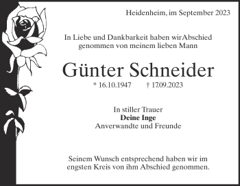 Traueranzeige von Günter Schneider von Heidenheimer Zeitung
