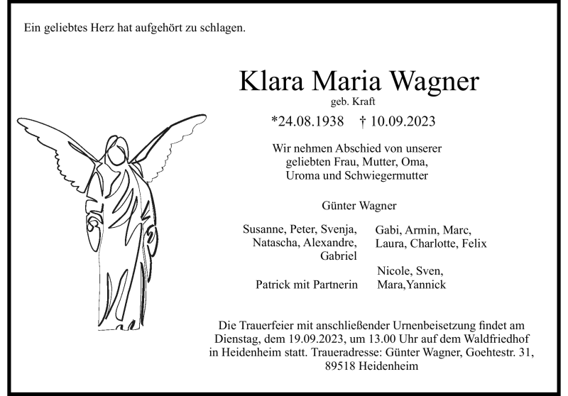  Traueranzeige für Klara Maria Wagner vom 15.09.2023 aus Heidenheimer Zeitung