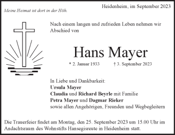 Traueranzeige von Hans Mayer von Heidenheimer Zeitung