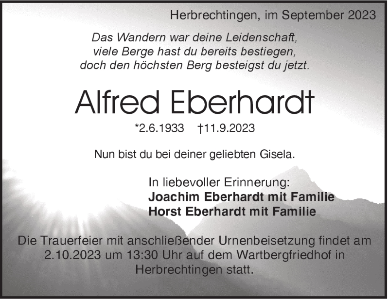 Traueranzeige für Alfred Eberhardt vom 16.09.2023 aus Heidenheimer Zeitung