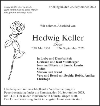 Traueranzeige von Hedwig Keller von Heidenheimer Zeitung