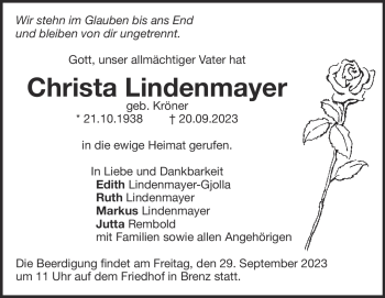 Traueranzeige von Christa Lindenmayer von Heidenheimer Zeitung
