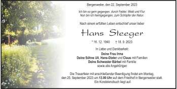 Traueranzeige von Hans Steeger von Heidenheimer Zeitung