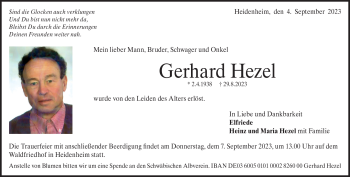 Traueranzeige von Gerhard Hezel von Heidenheimer Zeitung
