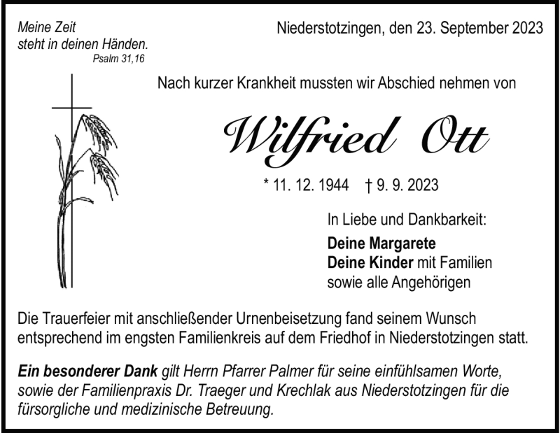  Traueranzeige für Wilfried Ott vom 23.09.2023 aus Heidenheimer Zeitung