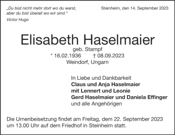 Traueranzeige von Elisabeth Haselmaier von Heidenheimer Zeitung