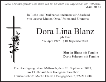 Traueranzeige von Dora Lina Blanz von Heidenheimer Zeitung