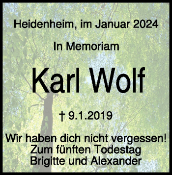 Traueranzeige von Karl Wolf von Heidenheimer Zeitung